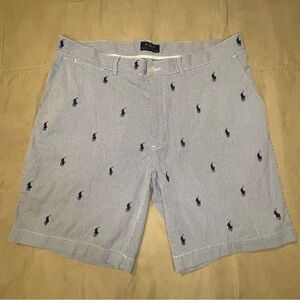 Polo Ralph Lauren Shorts Mens 38 Blue Chino Seersucker Pony All Over Print